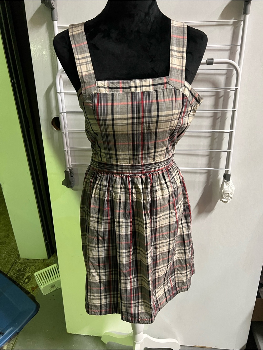 VOLCOM Plaid Sleeveless Square-Neck Dress in Beige and Red